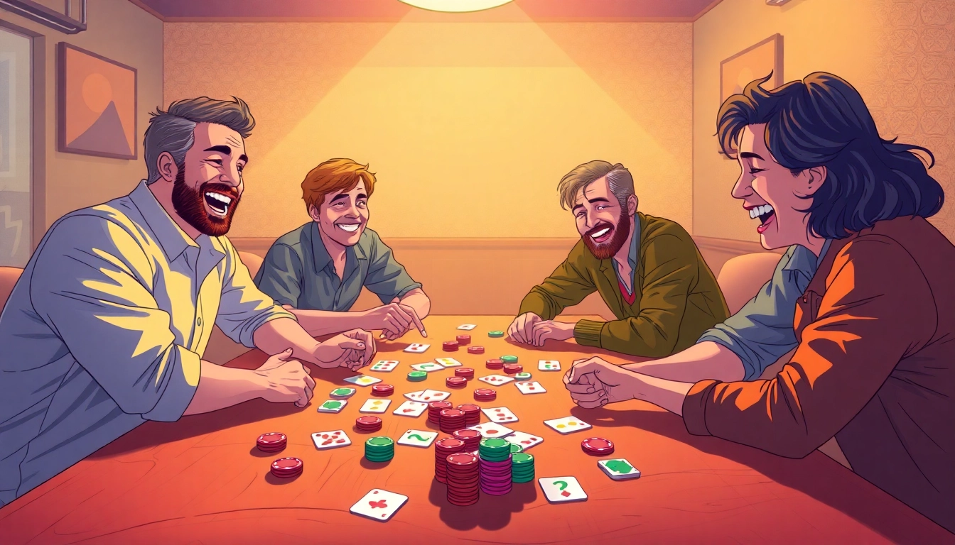 Rummy nabob players enjoying a lively game around a wooden table with colorful cards.