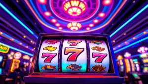 Mesin slot tank4d toto slot yang penuh warna dengan suasana kasino yang ramai.