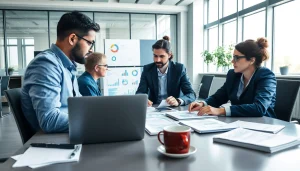 Team engaging in Competitor Research analysis with data presentations in a modern office.