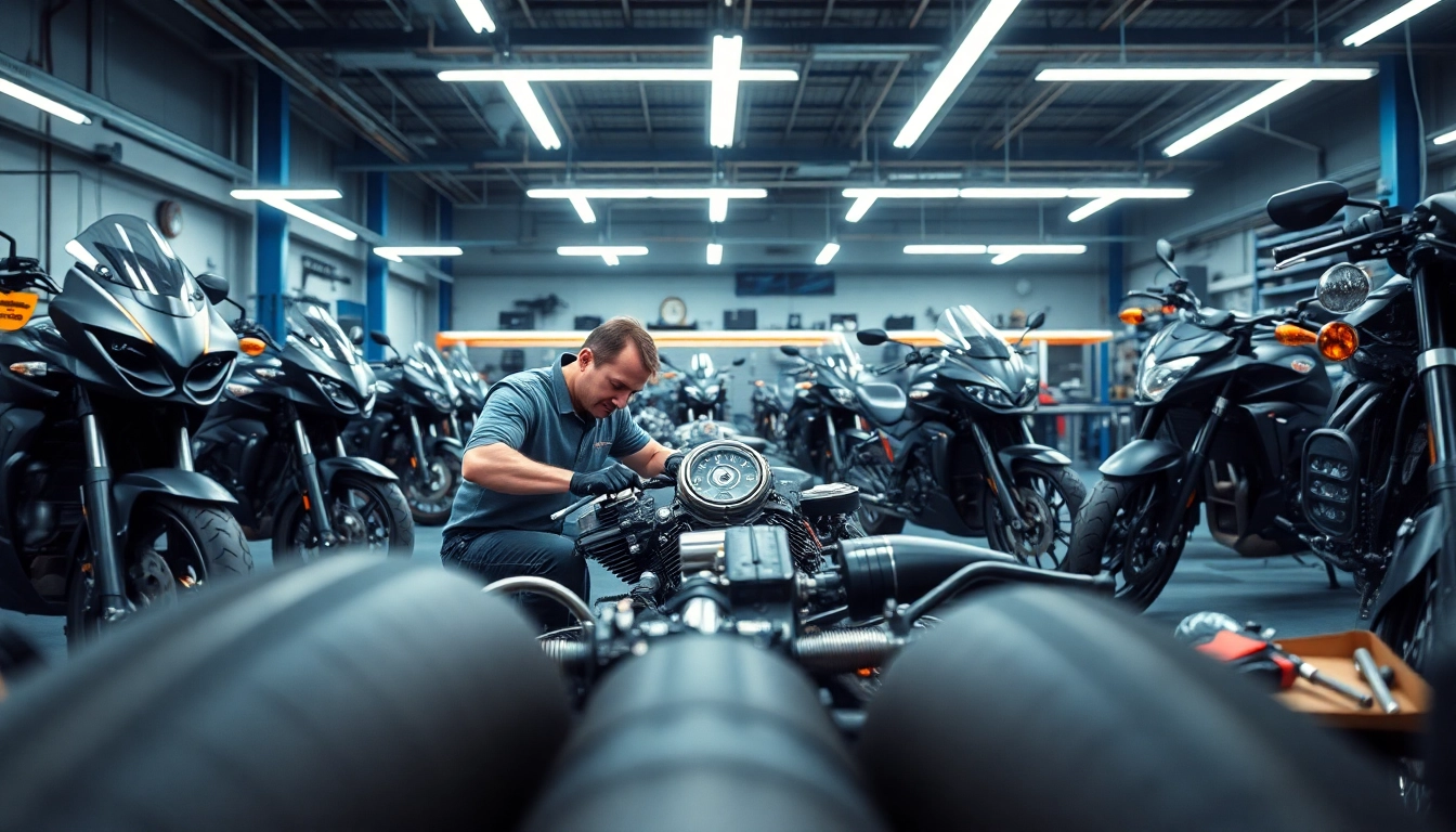 Motorrad Werkstatt mit Mechaniker, der an Motor arbeiten und Hochwertigkeit bieten.