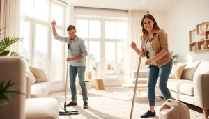 Experience a top-notch Cleaning Service with a professional team transforming a lively home into a pristine space.