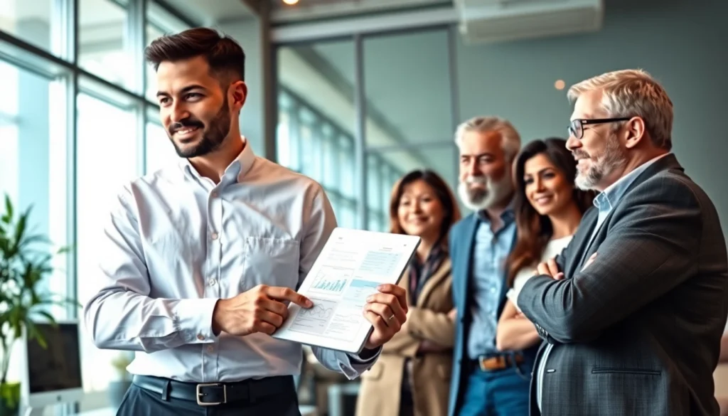 A financial advisor San Antonio guides clients through a financial plan in a modern office setting.