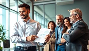 A financial advisor San Antonio guides clients through a financial plan in a modern office setting.