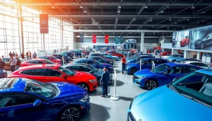 View of the vibrant auto cars show with various models and enthusiastic attendees exploring