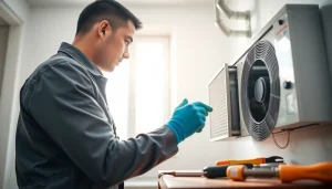 Servicing a heating system by a HVAC technician at https://nobleheatingairservices.com, highlighting expertise and care.