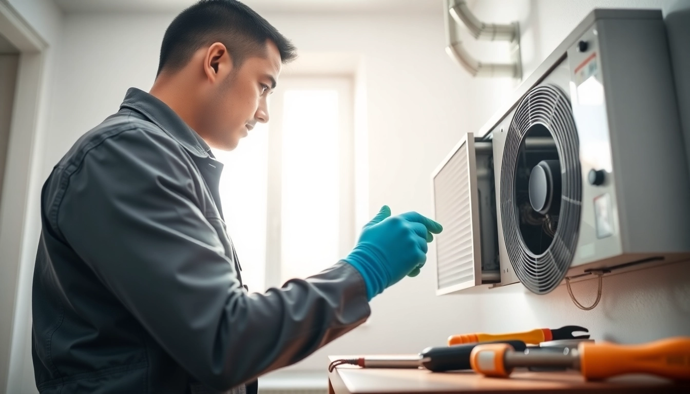 Servicing a heating system by a HVAC technician at https://nobleheatingairservices.com, highlighting expertise and care.