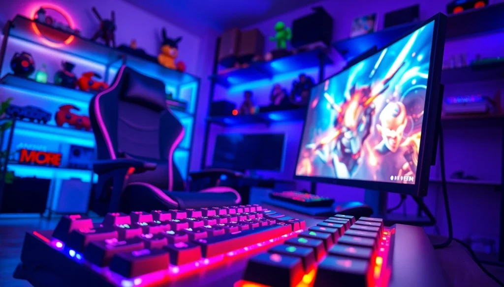 Engage with the captivating vj88 gaming setup showcasing vibrant RGB lighting and sleek design elements.