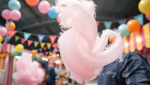 Maak wafel katoen met een expert die een kleurrijk feest in de achtergrond creëert.