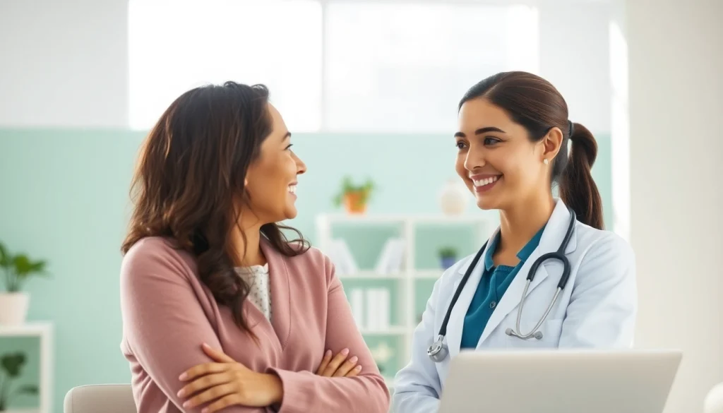Engaging consultation at https://womens-health-advice.org, showcasing a friendly healthcare provider in a modern clinic setting.