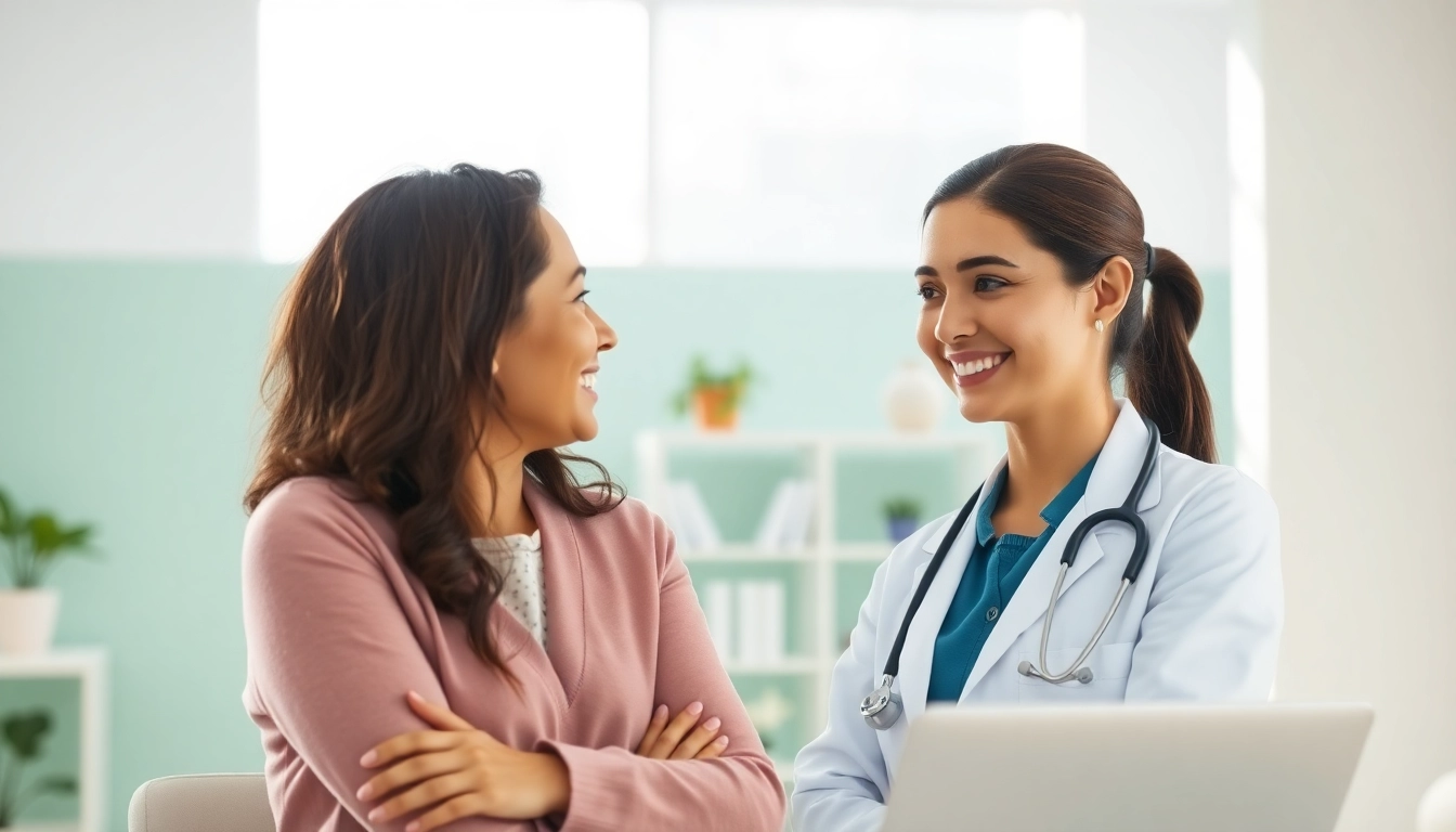 Engaging consultation at https://womens-health-advice.org, showcasing a friendly healthcare provider in a modern clinic setting.