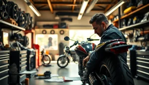 Ein Mechaniker in einer Motorrad Werkstatt repariert ein Motorrad mit großen Werkzeugen.