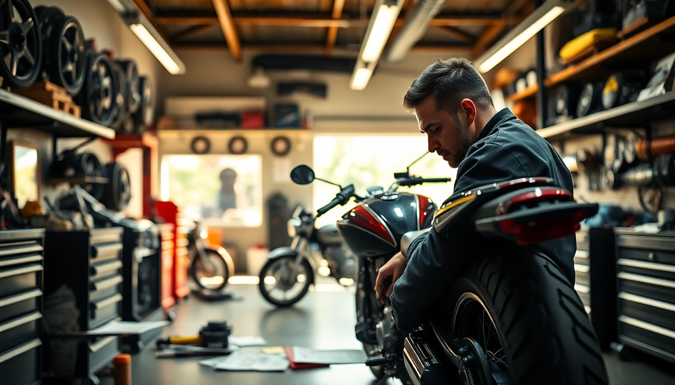Ein Mechaniker in einer Motorrad Werkstatt repariert ein Motorrad mit großen Werkzeugen.