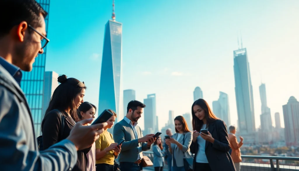 Showcasing Technology in a vibrant futuristic city with diverse people utilizing advanced gadgets.