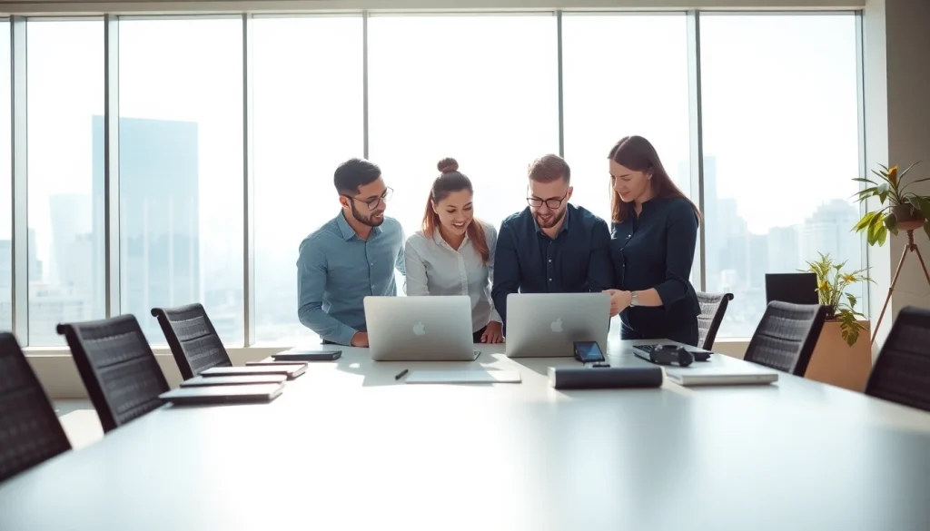 Showcase professional QA services with a collaborative team discussing projects in a modern office setting.