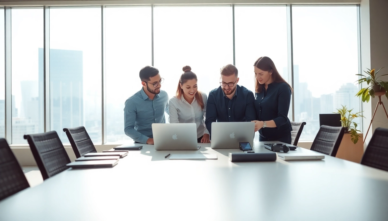 Showcase professional QA services with a collaborative team discussing projects in a modern office setting.