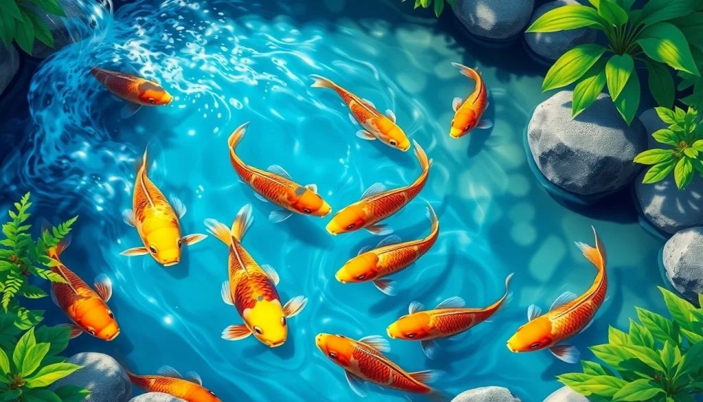 Menggambarkan koi800 dengan ikan koi berwarna cerah yang berenang di kolam indah.