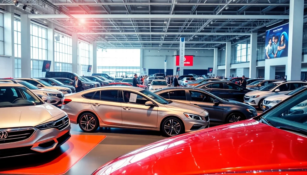 Dynamic view of Auto Cars Show highlighting multiple modern vehicles on display.