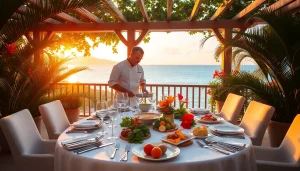 Private chef Sint Maarten prepares a gourmet meal with stunning Caribbean views.