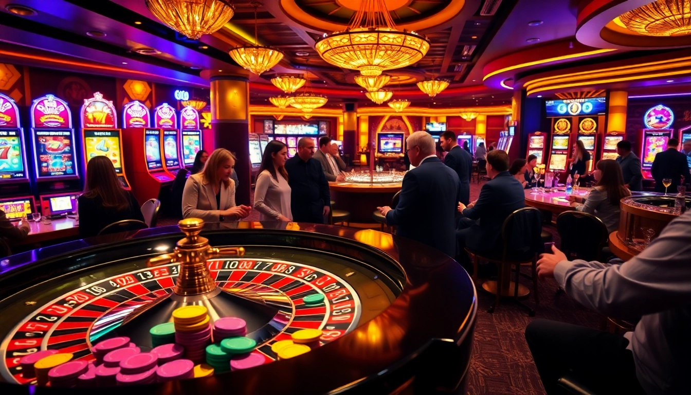 Experience the excitement of Okfun at a bustling casino with roulette tables, vibrant slot machines, and eager players.