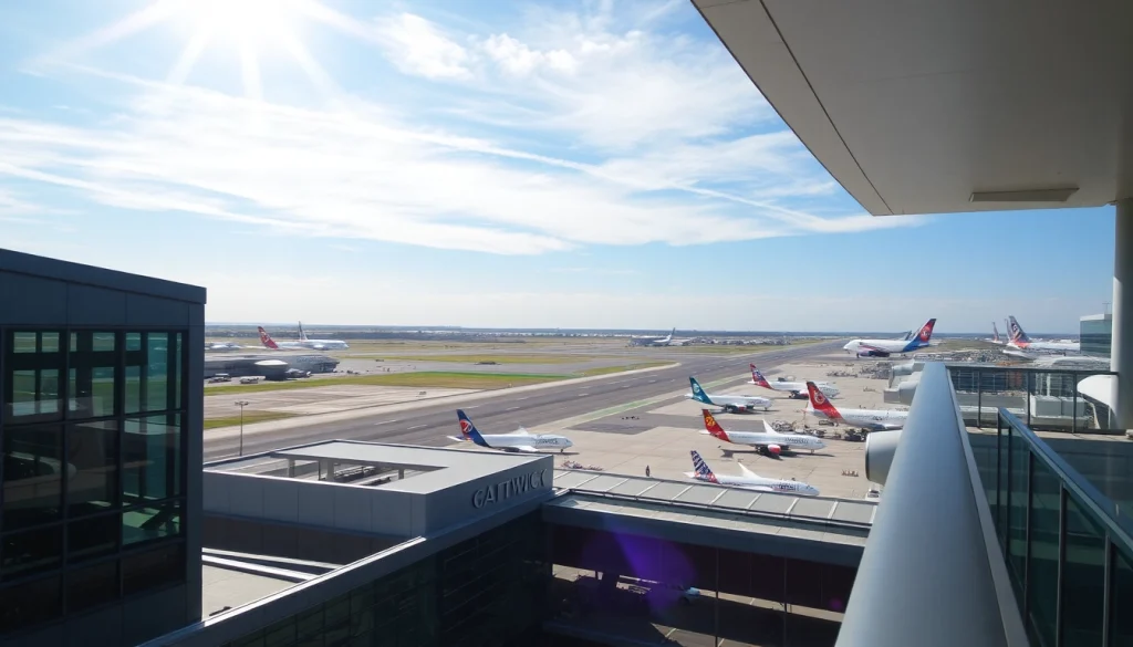 Gatwick Airport bustling with activity, airplanes on the runway in a clear blue sky.