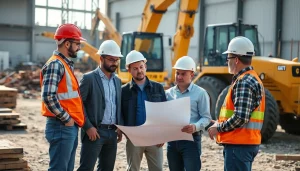 Construction crew collaborating on plans showcasing New Jersey Commercial General Contractor expertise and professionalism.