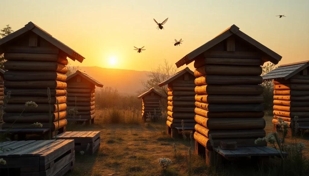 Colmenas de madera robustas en un entorno apícola con abejas activas y flores.