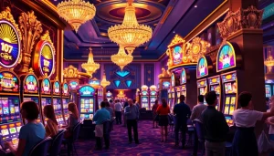 Menggambarkan suasana kasino yang mewah dengan permainan slot jewel4d, dipenuhi orang-orang yang antusias.