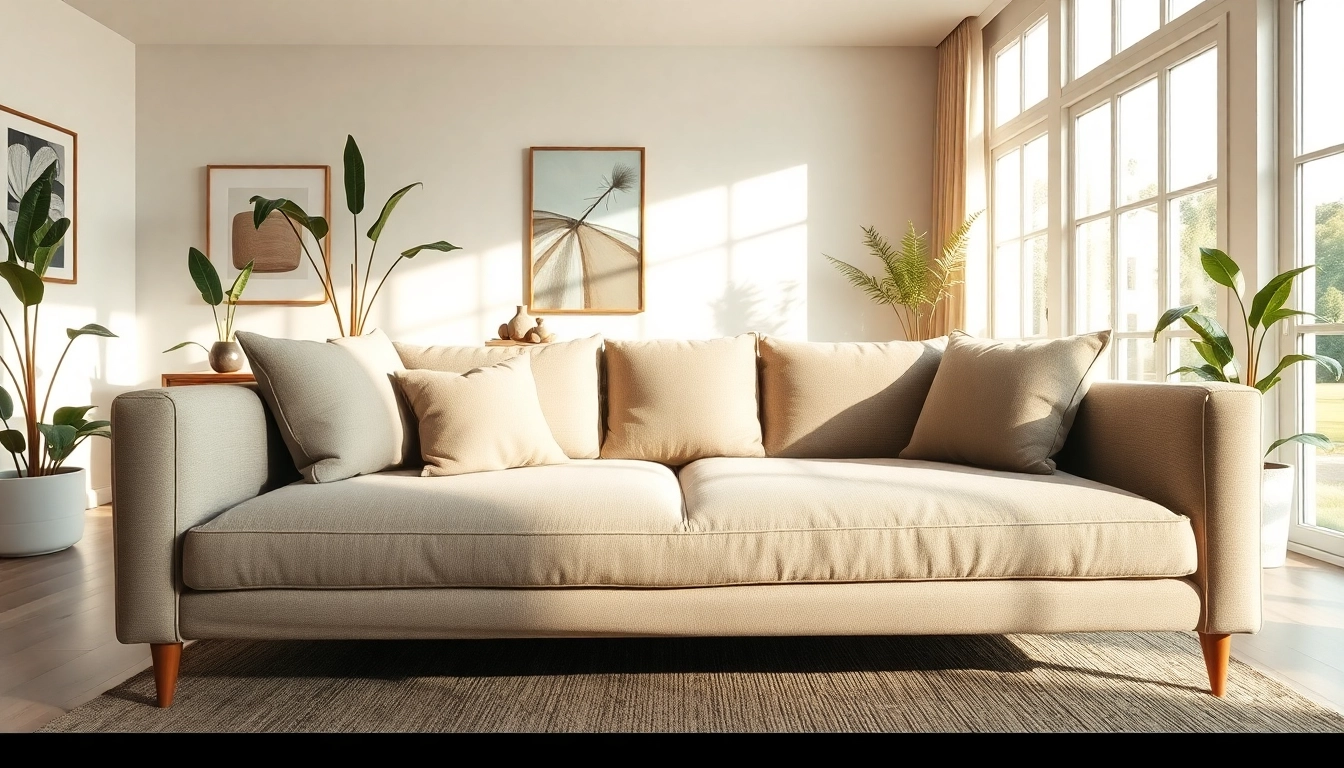 Cozy sofa bed inviting relaxation in a stylish living room with natural lighting.