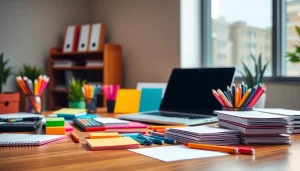 Showcasing office stationery supplies with a modern desk setup and bright accessories.