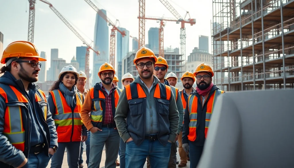 New York General Contractor managing a diverse team at a bustling construction site in NYC.