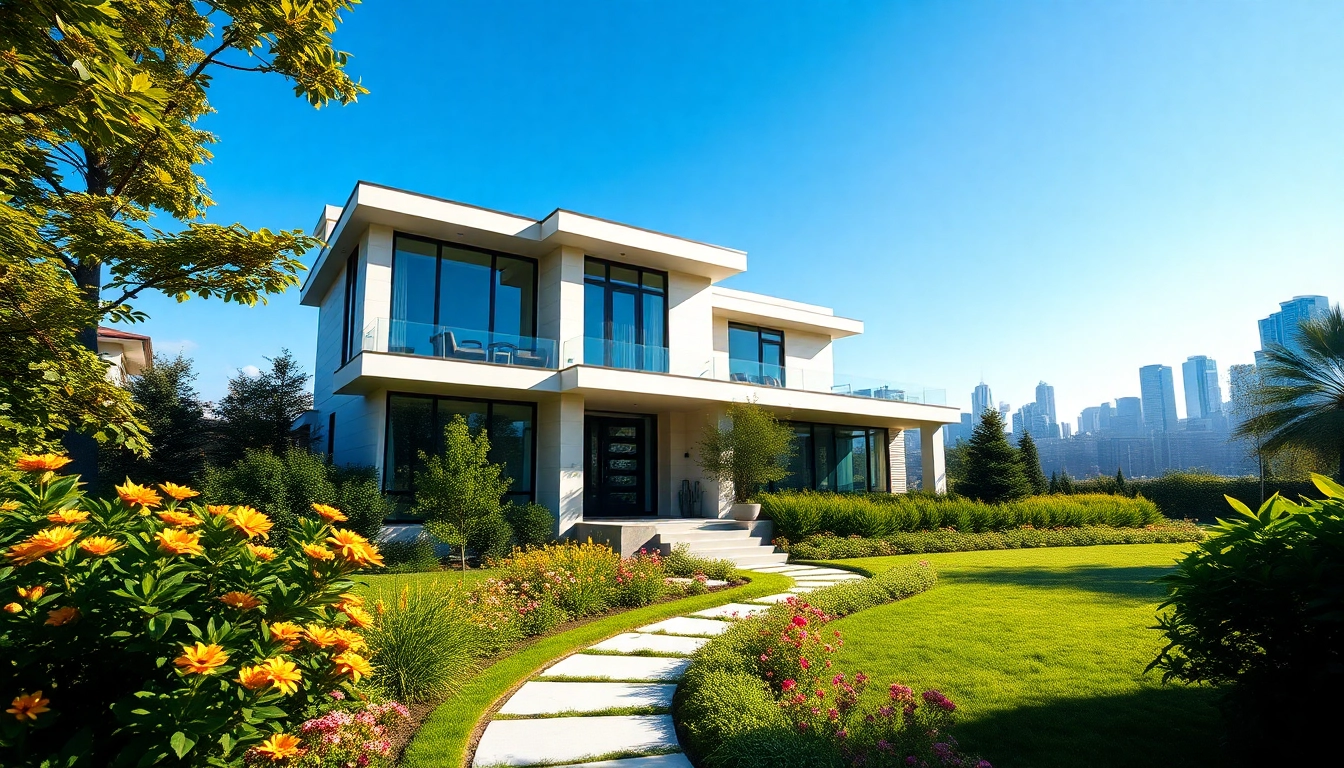 Real Estate house beautifully showcased in a vibrant urban setting with inviting garden and skyline.