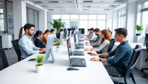 Individuals typing diligently in a modern typing center with ergonomic setups and natural lighting.