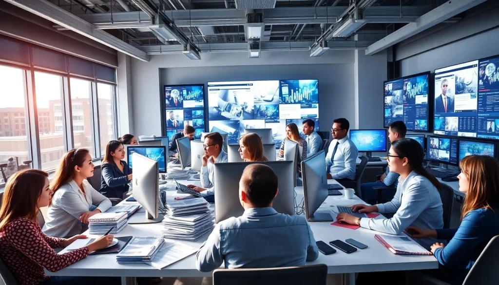 Journalists collaborating in a vibrant newsroom at suntimesnews.com, showcasing teamwork in action.
