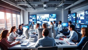 Journalists collaborating in a vibrant newsroom at suntimesnews.com, showcasing teamwork in action.