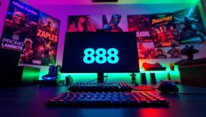 Experience TV88 through a captivating gaming setup featuring a sleek monitor and dynamic lighting.