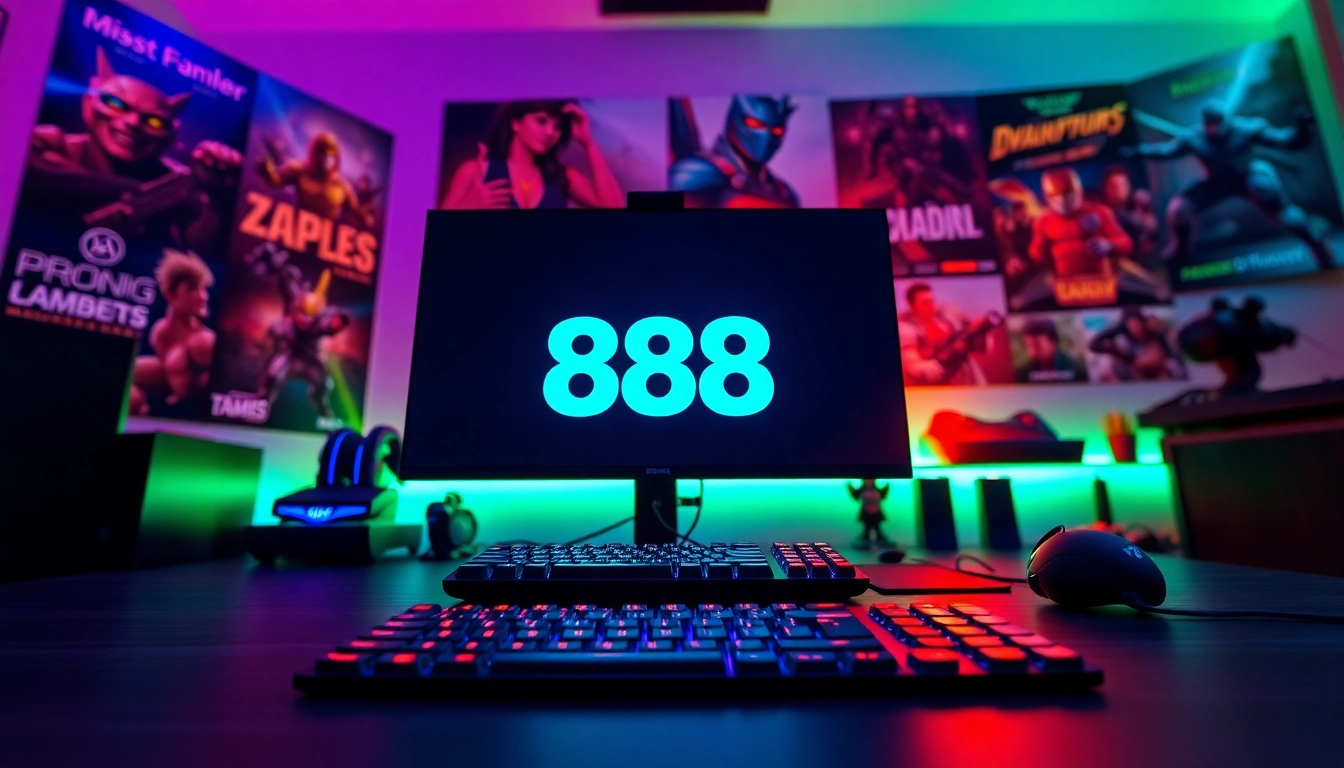 Experience TV88 through a captivating gaming setup featuring a sleek monitor and dynamic lighting.