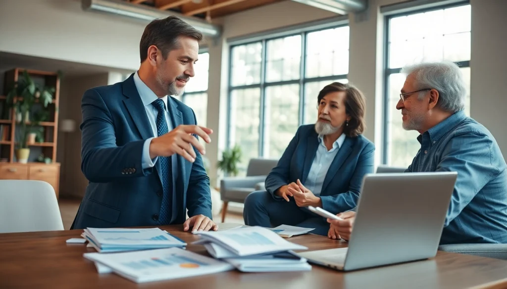 Couple engaging in retirement planning San Antonio with a professional financial advisor in an inviting office.
