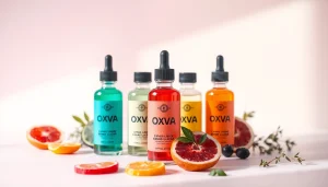 Oxva Liquid Flaschen stilvoll angeordnet auf einem sauberen Hintergrund.