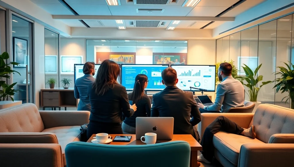 Engaging digital marketing discussion at https://www.fire85.com with diverse professionals analyzing data.