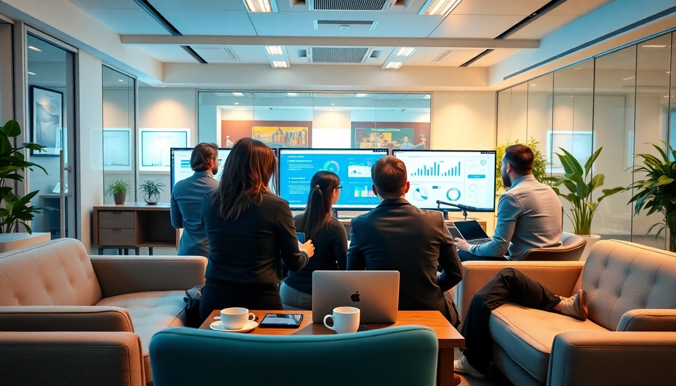 Engaging digital marketing discussion at https://www.fire85.com with diverse professionals analyzing data.