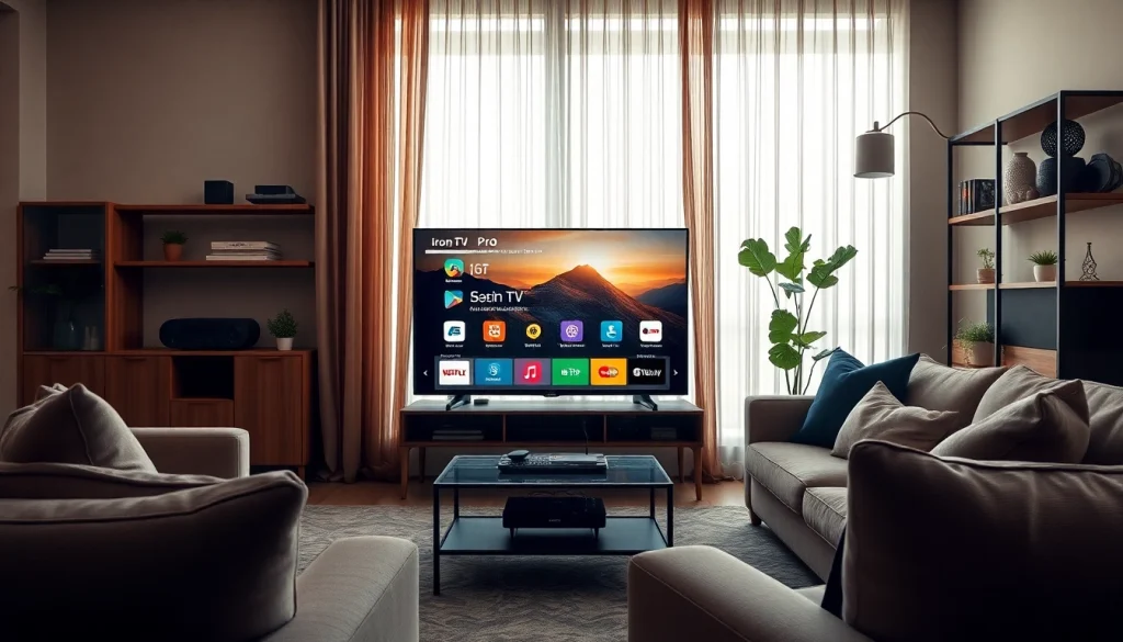 Showcase the Iron TV Pro interface on a modern smart TV in a stylish living room.