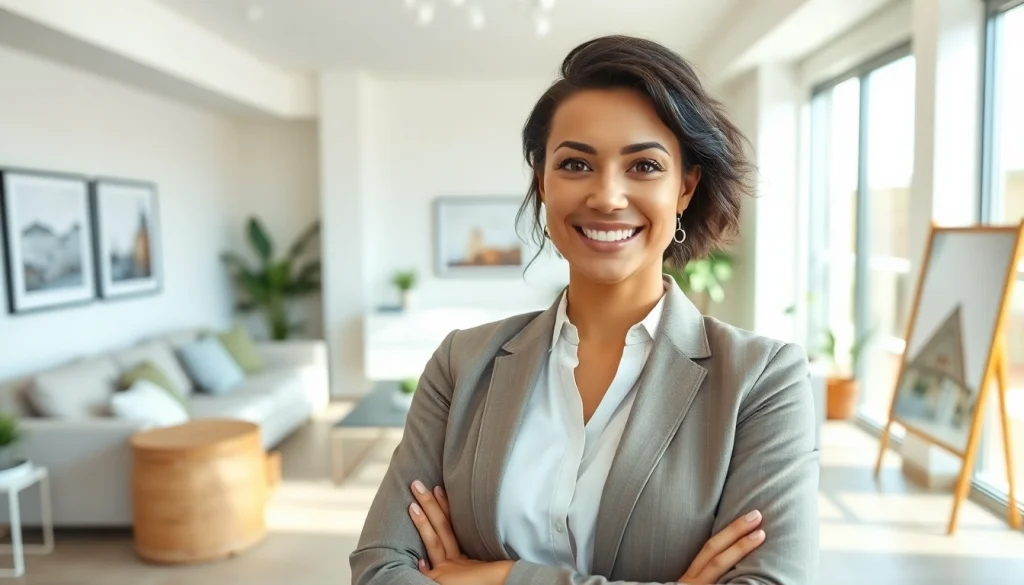 JBO real estate agent presenting a stylish rental property in a bright urban setting.