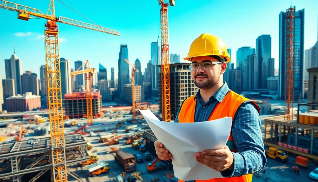 New York City Construction Manager supervising construction projects with workers and cranes in NYC.