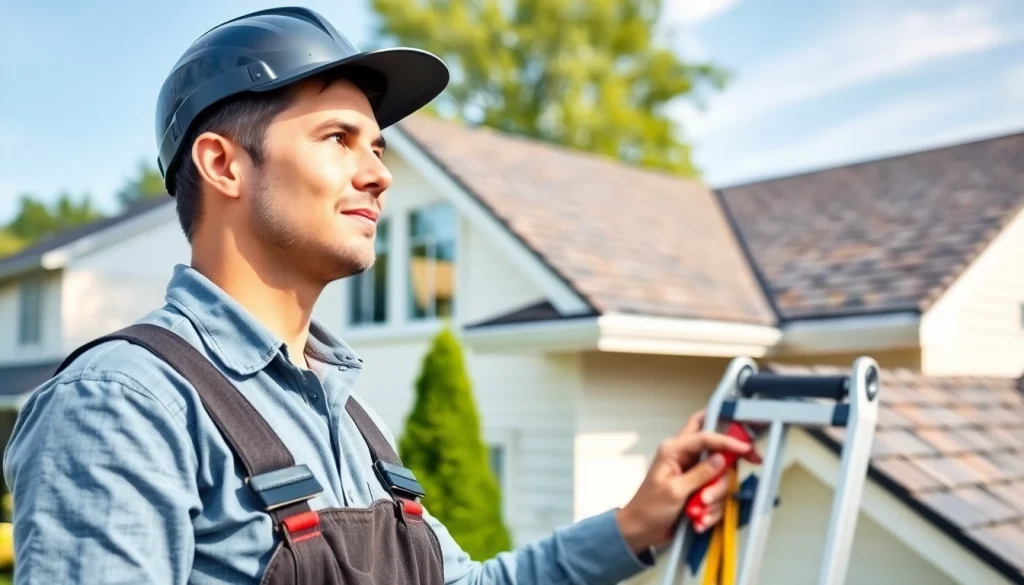 Inspecting a roof for Twin Shield Roofing with professional tools in a tranquil suburban setting.