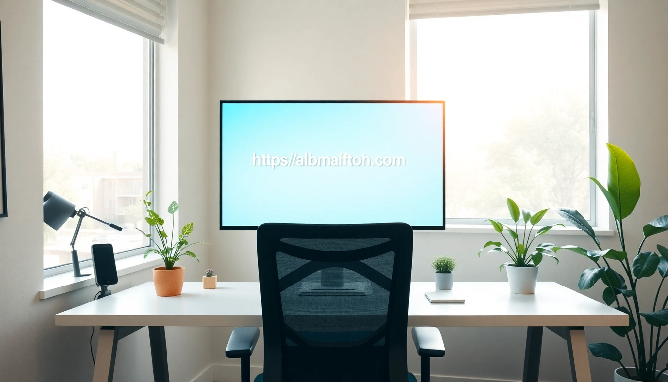 Showcasing a bright workspace with the website https://albmaftoh.com on a sleek monitor.