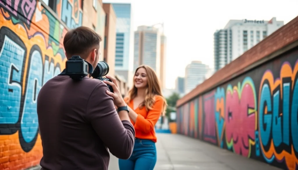 Capturing a couple’s joy at ideal places to take pictures Tampa, set against a vibrant urban backdrop.