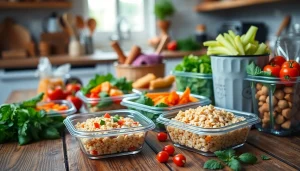 Prepare healthy dishes showcased at recipesalexarciab.com with colorful ingredients and meal prep containers.