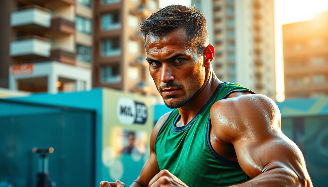 Sayaptogel, seorang atlit olahraga menunjukan fokus dan semangat saat berlatih di latar belakang urban.