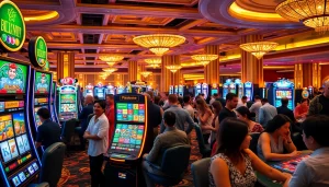 Menampilkan kasinojitu dengan pemain di meja permainan yang bersemangat dan mesin slot yang berkilau.