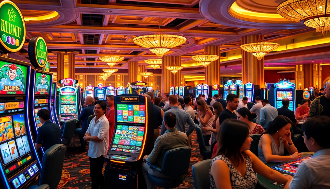 Menampilkan kasinojitu dengan pemain di meja permainan yang bersemangat dan mesin slot yang berkilau.